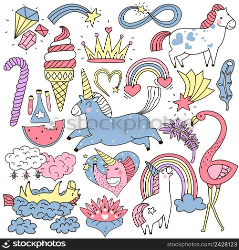 Cute unicorn and fairy elements colorful doodle set including crown, crystals, clouds, feathers isolated vector illustration . Unicorn Fairy Elements Doodle Set