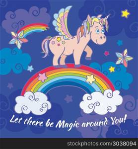 Cute unicorn and rainbow fairy vector background, poster, greeting card. Cute unicorn and rainbow fairy vector background, poster, greeting card. Happy horse on rainbow illustration