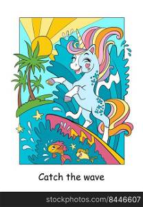 Cute unicorn catches a wave on a surfboard. Vector colorful cartoon illustration isolated on white background. For coloring book, education, print, game, decor, puzzle, design. Cute unicorn catches a wave on a surfboard color illustration