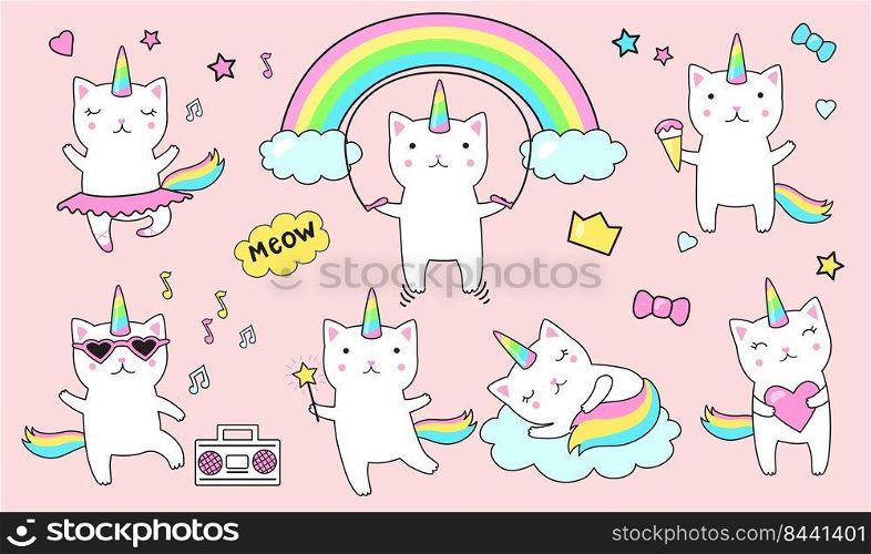 Cute unicorn cats flat icon set. Cartoon funny kitty character with clouds and rainbows isolated vector illustration collection. Animal and kids doodle stickers concept