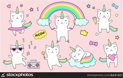 Cute unicorn cats flat icon set. Cartoon funny kitty character with clouds and rainbows isolated vector illustration collection. Animal and kids doodle stickers concept
