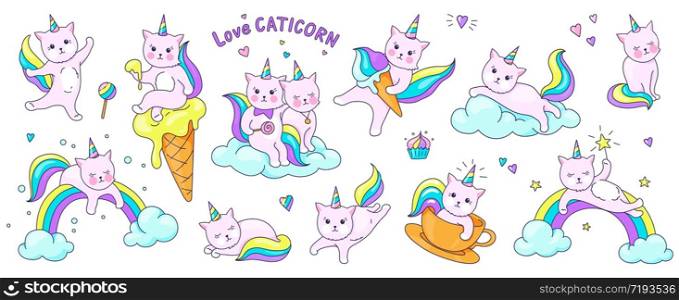 Cute unicorn cats. Funny doodle kitty characters on clouds and rainbows, kids doodle stickers in pastel colors. Vector set illustrations hand drawn fashion rainbow cat isolated on white background. Cute unicorn cats. Funny doodle kitty characters on clouds and rainbows, kids doodle stickers in pastel colors. Vector hand drawn set