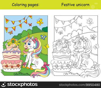 Cute unicorn celebrating a birthday wih big cake. Coloring book page wih colored template. Vector cartoon illustration isolated on white background. For coloring book, preschool education, print, game. Cute unicorn celebrating a birthday coloring book