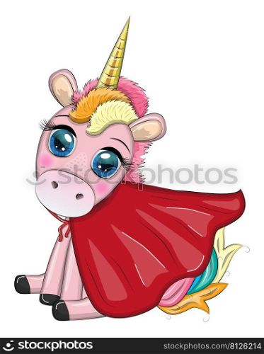 Cute unicorn character with cloak as super hero. Cartoon design illustration. Cute unicorn character with cloak as super hero. Cartoon design illustration isolated