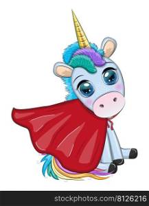 Cute unicorn character with cloak as super hero. Cartoon design illustration. Cute unicorn character with cloak as super hero. Cartoon design illustration isolated