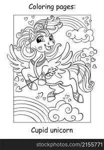 Cute Unicorn Cupid with bow and arrow flying in the sky with a rainbow and hearts. Coloring book page for children. Vector cartoon illustration. For coloring books pages, print and game.. Coloring book page cute flying unicorn with bow