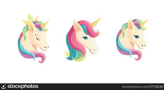 Cute unicorn face in flat style. Cartoon vector illustration.