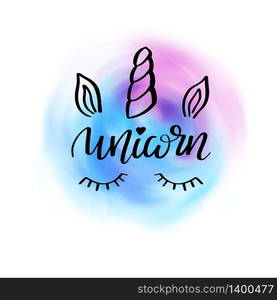 Cute unicorn face with hornon watercolor imitation spot. Vector fairy lettering object. Calligraphy quote for prints, invitations, posters, t-shirts, phone case, note books and other. unicorn horn fairy lettering object