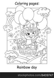 Cute unicorn flying on air balloons. Coloring book page for children. Vector cartoon illustration isolated on white background. For coloring book, education, print, game, decor, puzzle, design. Cute unicorn flying on air balloons coloring book page