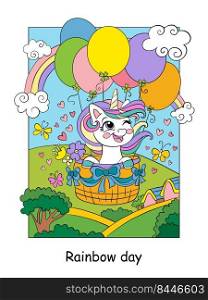 Cute unicorn flying on air balloons. Vector colorful cartoon illustration isolated on white background. For coloring book, education, print, game, decor, puzzle, design. Cute unicorn flying on air balloons color illustration