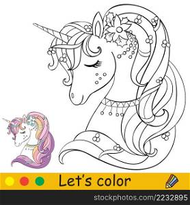 Cute unicorn head with flower. Coloring book page with color template. Vector cartoon illustration. For kids coloring, card, print, design, decor and puzzle.. Unicorn head vector illustration coloring with template