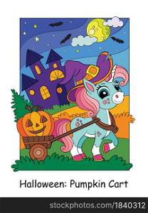 Cute unicorn in a witch hat is driving Halloween pumpkin in a cart in night forest. Halloween concept. Vector cartoon illustration. For education, print, game, decor, puzzle, design, sticker. Cute unicorn driving Halloween pumpkin cartoon illustration