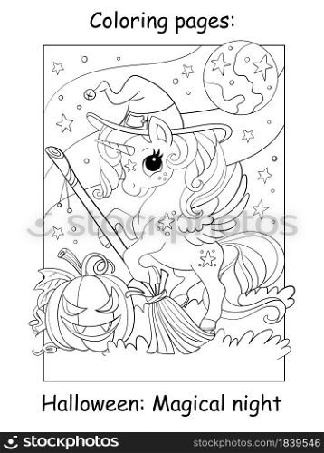 Cute unicorn in a witch hat with a broom and a pumpkin. Halloween concept. Coloring book page for children. Vector cartoon illustration. For coloring book, education, print, game, decor, puzzle,design. Coloring book page cute unicorn witch Halloween