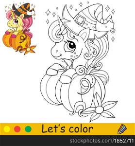 Cute unicorn in a witches hat with a pumpkin. Halloween concept. Coloring book page for children. Vector cartoon isolated illustration. For coloring book, education, print, game, decor, puzzle,design. Pumpkin and cute unicorn coloring book page Halloween