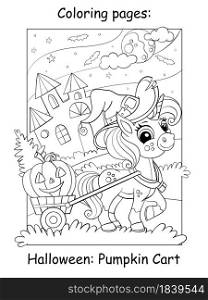 Cute unicorn in a witchs hat is driving Halloween pumpkin in a cart. Halloween concept. Coloring book page for children. Vector cartoon illustration. For coloring book, education, print, game,design. Coloring book page cute unicorn driving Halloween pumpkin