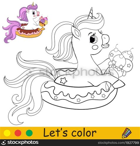 Cute unicorn in an inflatable circle in the form of a donut holds an ice cream. Coloring book page with colorful template for kids. Vector illustration. For print, game, education, party, design,decor. Cartoon cute unicorn with wings holds the balloons coloring