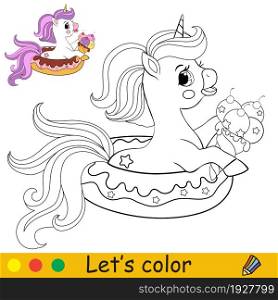 Cute unicorn in an inflatable circle in the form of a donut holds an ice cream. Coloring book page with colorful template for kids. Vector illustration. For print, game, education, party, design,decor. Cartoon cute unicorn with wings holds the balloons coloring