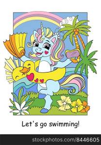 Cute unicorn in an inflatable circle with fins. Vector colorful cartoon illustration isolated on white background. For coloring book, education, print, game, decor, puzzle, design. Cute unicorn in an inflatable circle with fins color illustration