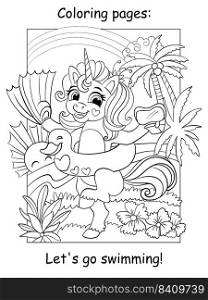 Cute unicorn in an inflatable circle with fins. Coloring book page for children. Vector cartoon illustration isolated on white background. For coloring book, education, print, game, decor, design. Cute unicorn in an inflatable circle with fins coloring