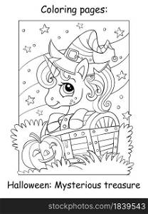 Cute unicorn in hat of witch peeks out from behind a treasure chest. Halloween concept. Coloring book page for children. Vector cartoon illustration. For coloring, education, print, game, design. Coloring book page cute unicorn and treasure chest