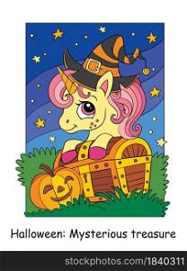 Cute unicorn in hat of witch peeks out from behind a treasure chest. Halloween concept. Vector cartoon illustration. For education, print, game, decor, puzzle, design, sticker. Cute unicorn and treasure chest vector cartoon illustration