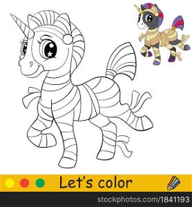 Cute unicorn in suit of mummy. Halloween concept. Coloring book page for children. Vector cartoon illustration. For coloring book, education, print, game, decor, puzzle,design. Cute unicorn in mummy suit coloring book Halloween