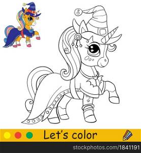Cute unicorn in witches hat and cape stands in profile. Halloween concept. Coloring book page for children. Vector cartoon illustration. For coloring book, education, print, game, decor, puzzle,design. Little witch cute unicorn coloring book Halloween