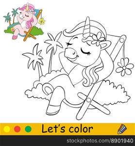 Cute unicorn is lying on a chaise longue. Kids coloring book page with color template. Vector cartoon illustration. For kids coloring, postcard, print, design, decor, tattoo, game and puzzle. Kids coloring cartoon unicorn character vector illustration 3
