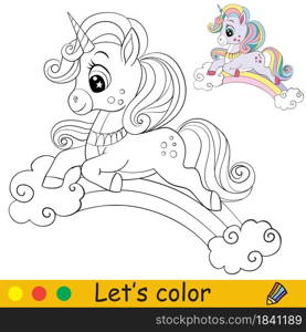 Cute unicorn lies on the rainbow. Coloring book page for children. Vector cartoon illustration. For coloring book, education, print, game, decor, puzzle,design. Cute unicorn in profile lies on the rainbow coloring