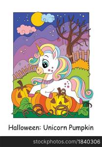 Cute unicorn lying on pumpkin in night forest. Halloween concept. Vector cartoon illustration. For education, print, game, decor, puzzle, design, sticker. Cute unicorn lying on pumpkin vector cartoon illustration