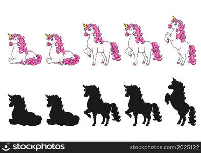 Cute unicorn. Magic fairy horse. Cartoon character. Black silhouette. Colorful vector illustration. Isolated on white background. Design element.