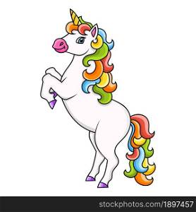 Cute unicorn. Magic fairy horse. Cartoon character. Colorful vector illustration. Isolated on white background. Design element. Template for your design, books, stickers, cards, posters, clothes.