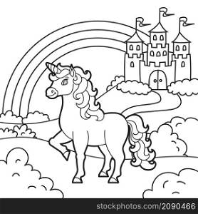 Cute unicorn. Magic fairy horse. Coloring book page for kids. Cartoon style. Vector illustration isolated on white background.. Cute unicorn. Magic fairy horse. Landscape with a beautiful castle. Coloring book page for kids. Cartoon style. Vector illustration isolated on white background.