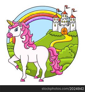 Cute unicorn. Magic fairy horse. Landscape with a beautiful castle. Cartoon character. Colorful vector illustration. Isolated on color background. Design element.