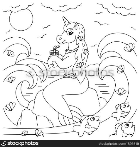 Cute unicorn mermaid drinks juice. Coloring book page for kids. Cartoon style character. Vector illustration isolated on white background.