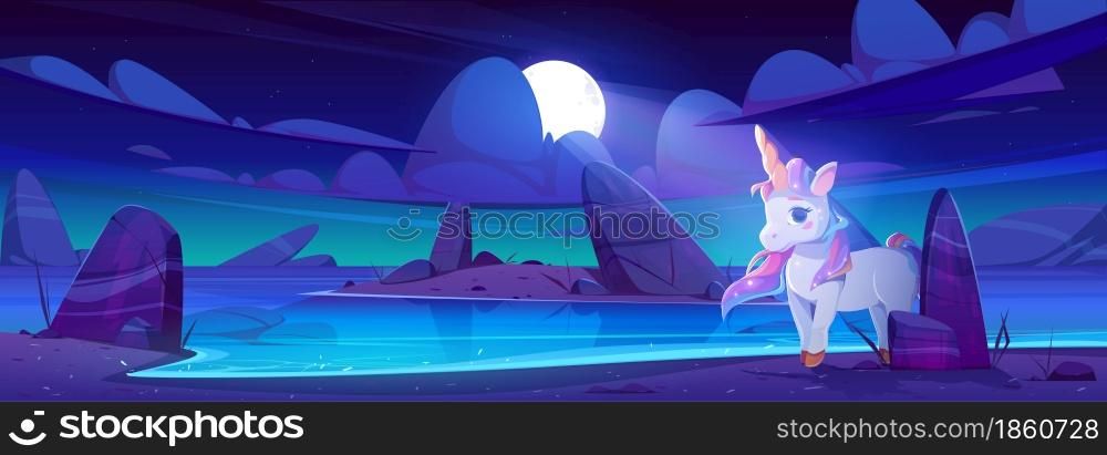 Cute unicorn on sea beach at night. Fairy tale illustration with magic animal on coastline in moonlight. Vector cartoon landscape of lake sand shore with fantasy horse with horn and rainbow mane. Cute unicorn on sea beach at night