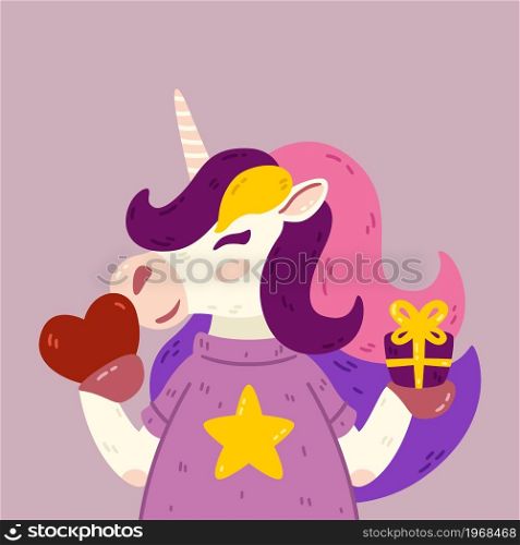Cute unicorn portrait with gift and heart. Valentine&rsquo;s day romantic horse with horn, present, t-shirt. Vector illustration isolated on background.