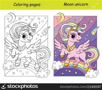 Cute Unicorn princess flying in the sky with a rainbow, stars and moon. Coloring book page with color template. Vector cartoon illustration. For kids coloring, card, print, design, decor and puzzle.. Coloring with template cute flying unicorn with moon