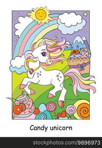 Cute unicorn running in sweet magical world. Vector cartoon colorful illustration isolated on white background. For print, design, cards, puzzle, coloring book, preschool education and game.