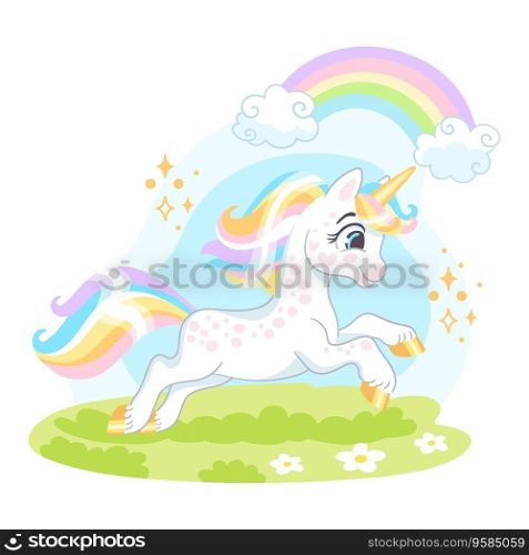 Cute unicorn running through a flower meadow. Vector illustration isolated on a white background. Happy magic unicorn. For print, design, poster, sticker, card, decoration, t shirt, kids clothes. Cute cartoon character unicorn runs on a meadow vector