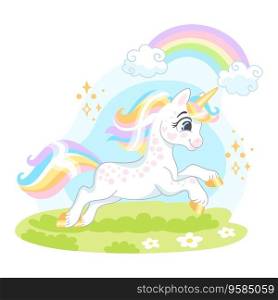 Cute unicorn running through a flower meadow. Vector illustration isolated on a white background. Happy magic unicorn. For print, design, poster, sticker, card, decoration, t shirt, kids clothes. Cute cartoon character unicorn runs on a meadow vector