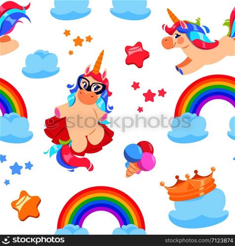 Cute unicorn seamless pattern. Baby pony, rainbow horse. Girl bedroom fairytale vector wallpaper. Illustration of unicorn and pony with rainbow and clouds. Cute unicorn seamless pattern. Baby pony, rainbow horse. Girl bedroom fairytale vector wallpaper
