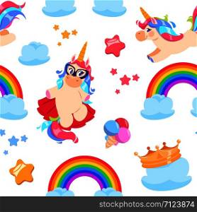 Cute unicorn seamless pattern. Baby pony, rainbow horse. Girl bedroom fairytale vector wallpaper. Illustration of unicorn and pony with rainbow and clouds. Cute unicorn seamless pattern. Baby pony, rainbow horse. Girl bedroom fairytale vector wallpaper