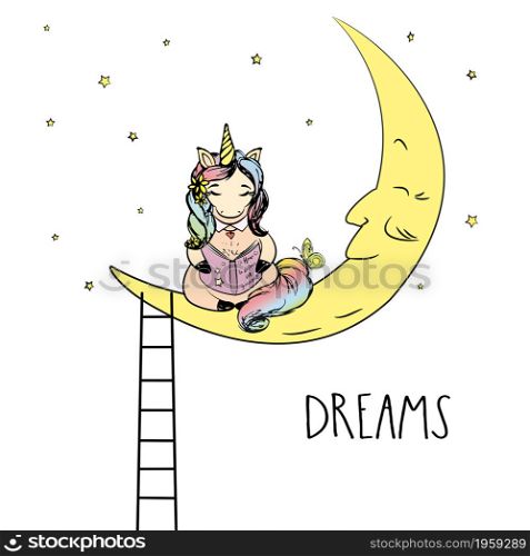 Cute unicorn sitting on moon and read book,white background,poster or greeting card template,hand drawn vector illustration