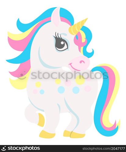 Cute unicorn standing. Happy cartoon animal smiling isolated on white background. Cute unicorn standing. Happy cartoon animal smiling
