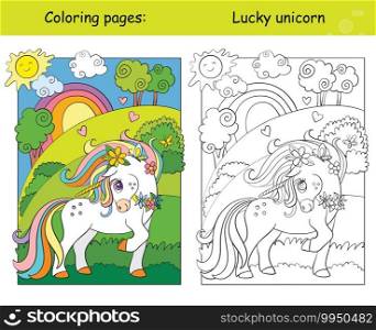 Cute unicorn standing on the summer blooming meadow. Coloring book page wih colored template. Vector cartoon illustration isolated on white background.For coloring book, preschool education,print,game. Cute unicorn on blooming meadow coloring book