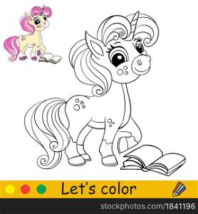 Cute unicorn stands in profile with a book. Coloring book page for children. Vector cartoon illustration. For coloring book, education, print, game, decor, puzzle,design. Cute unicorn in profile with a book coloring book page
