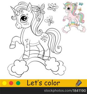 Cute unicorn stands on a rainbow and butterflies. Coloring book page for children. Vector cartoon illustration. For coloring book, education, print, game, decor, puzzle,design. Cute unicorn with butterflies coloring book page