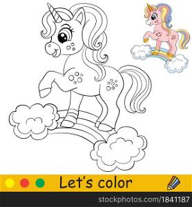 Cute unicorn stands on a rainbow. Coloring book page for children. Vector cartoon illustration. For coloring book, education, print, game, decor, puzzle,design. Cute unicorn in profile coloring book page