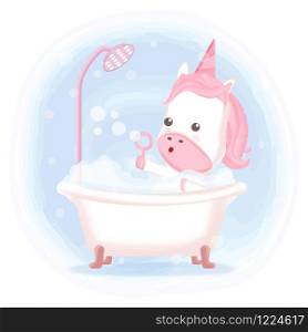 Cute unicorn taking a bath in bathtub hand drawn cartoon illustration